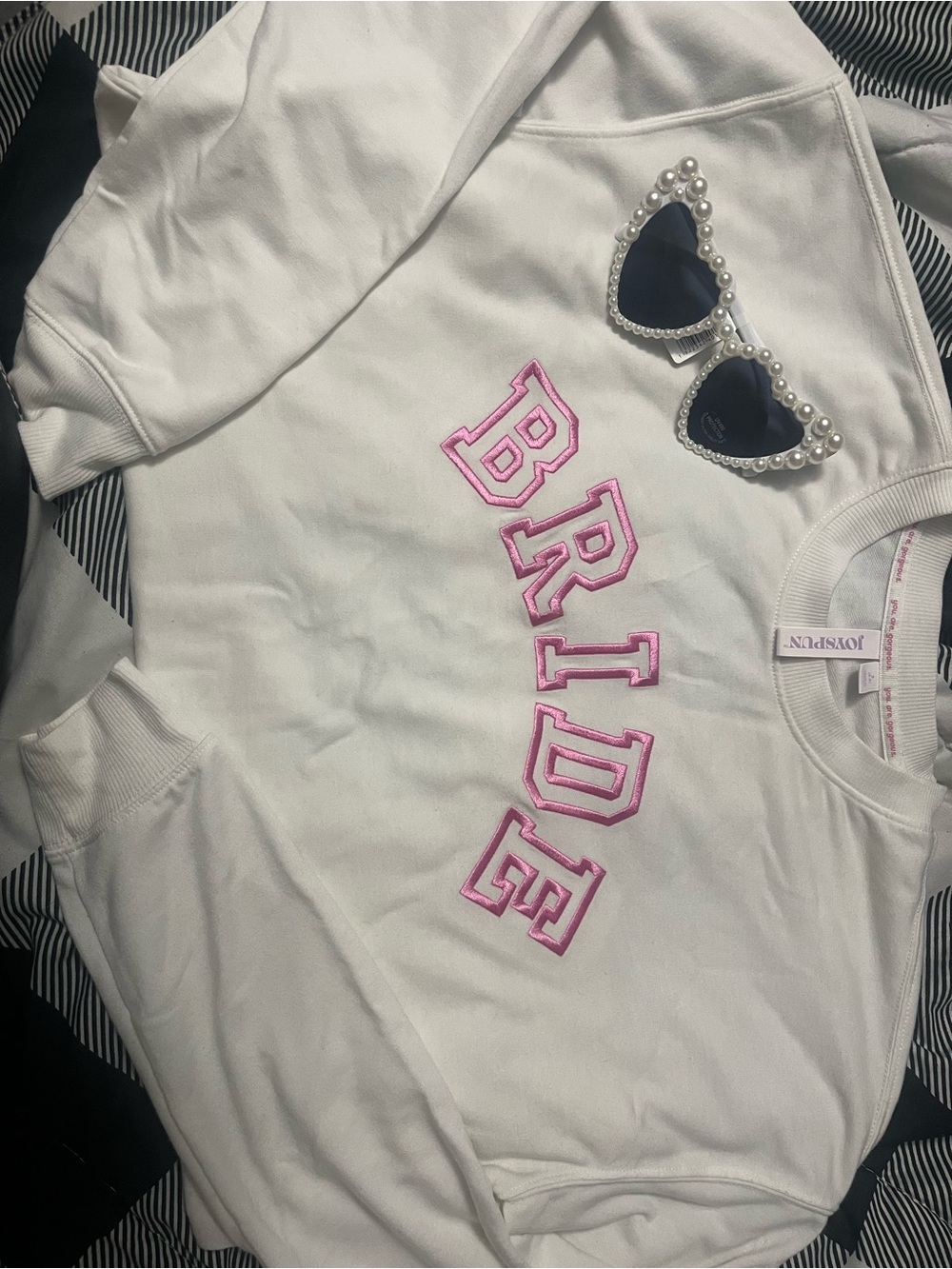 White 'BRIDE' Sweatshirt with Pink Lettering & Bridal Sunglasses